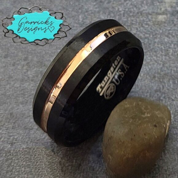 Men's Real Black Tungsten Promise Ring 14K Gold Filled Center Groove Gold Line - Picture 5 of 12